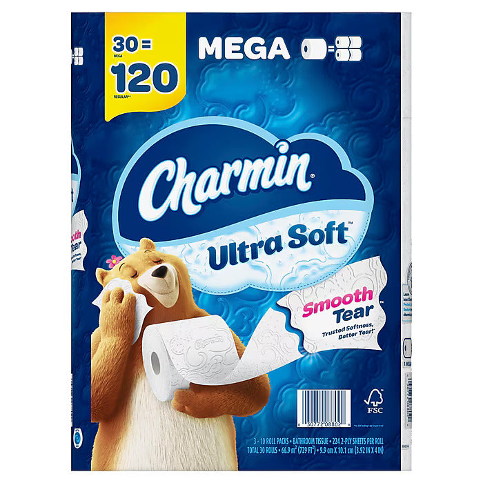 CHARMIN ULTRA SOFT TOILET PAPER 30 TRIPPLE ROLLS 183/SHEETS