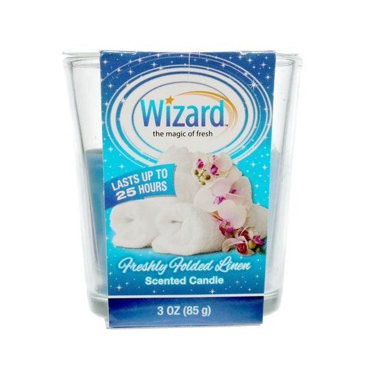 WIZARD 3OZ SCECNTED CANDLES FRESHLY FOLDED LINEN 12/CS
